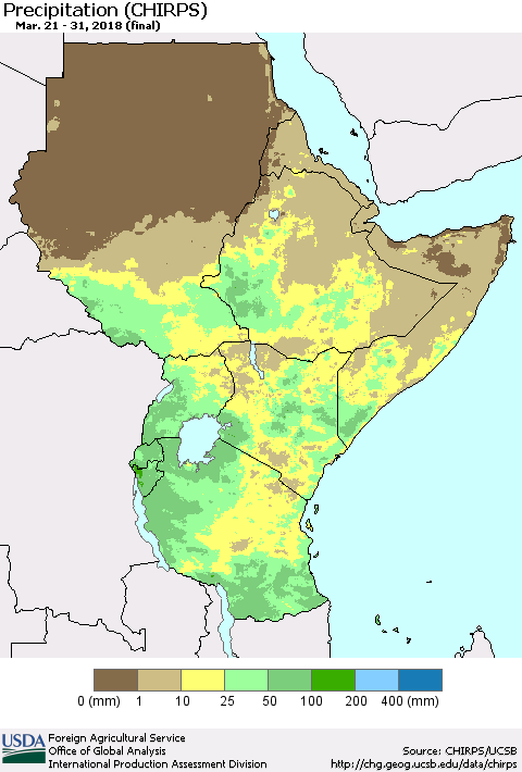 Eastern Africa Precipitation (CHIRPS) Thematic Map For 3/21/2018 - 3/31/2018