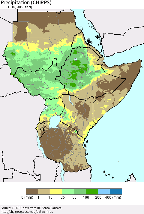 Eastern Africa Precipitation (CHIRPS) Thematic Map For 7/1/2019 - 7/10/2019