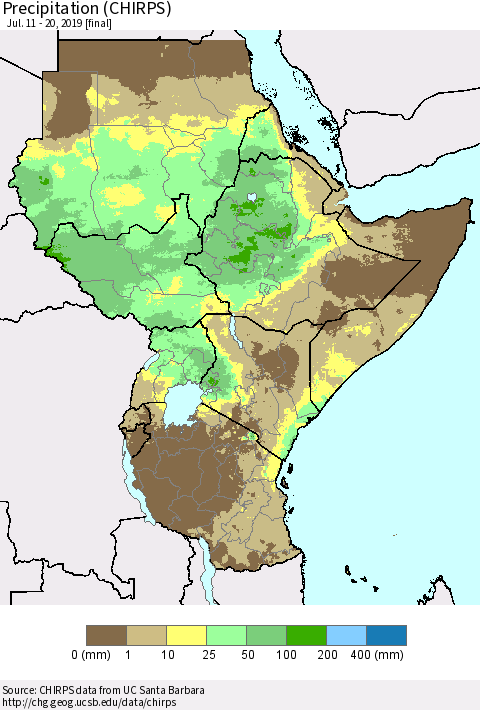 Eastern Africa Precipitation (CHIRPS) Thematic Map For 7/11/2019 - 7/20/2019