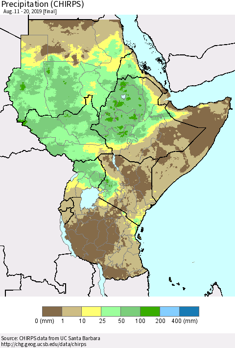 Eastern Africa Precipitation (CHIRPS) Thematic Map For 8/11/2019 - 8/20/2019