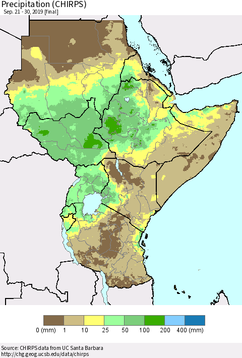 Eastern Africa Precipitation (CHIRPS) Thematic Map For 9/21/2019 - 9/30/2019