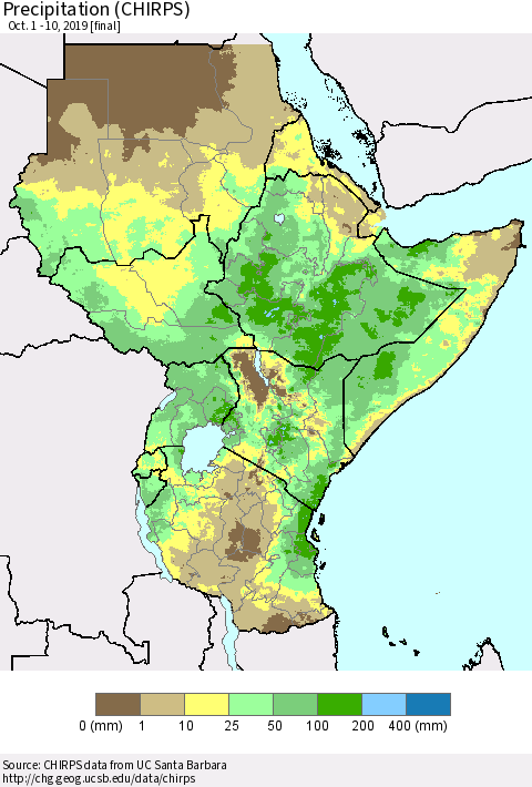 Eastern Africa Precipitation (CHIRPS) Thematic Map For 10/1/2019 - 10/10/2019