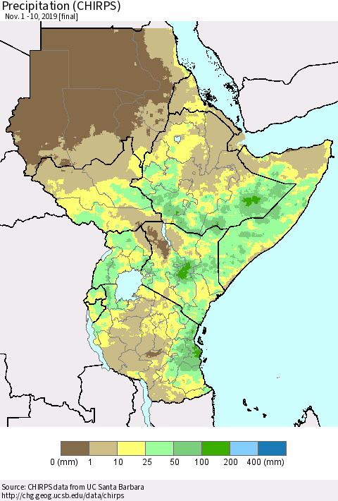 Eastern Africa Precipitation (CHIRPS) Thematic Map For 11/1/2019 - 11/10/2019