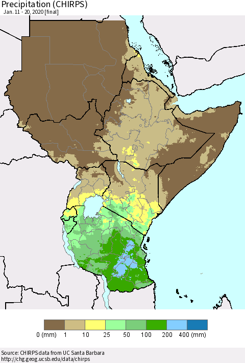 Eastern Africa Precipitation (CHIRPS) Thematic Map For 1/11/2020 - 1/20/2020
