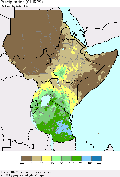 Eastern Africa Precipitation (CHIRPS) Thematic Map For 1/21/2020 - 1/31/2020