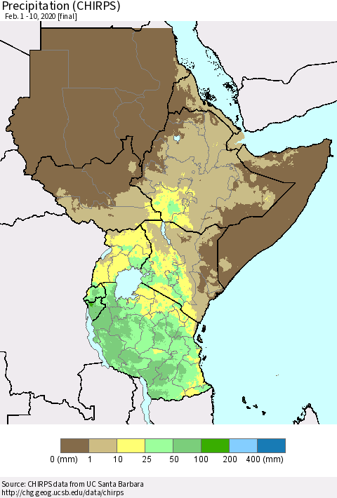 Eastern Africa Precipitation (CHIRPS) Thematic Map For 2/1/2020 - 2/10/2020