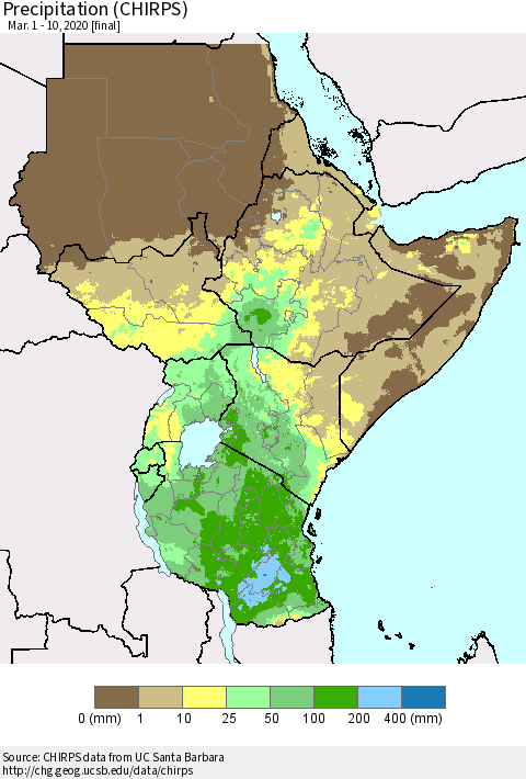 Eastern Africa Precipitation (CHIRPS) Thematic Map For 3/1/2020 - 3/10/2020