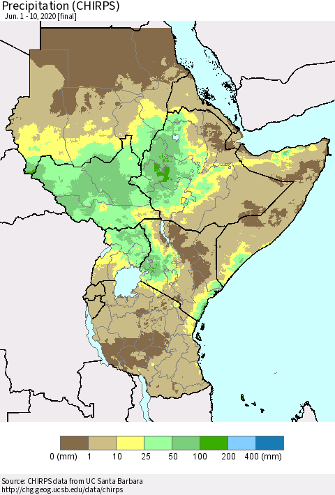 Eastern Africa Precipitation (CHIRPS) Thematic Map For 6/1/2020 - 6/10/2020