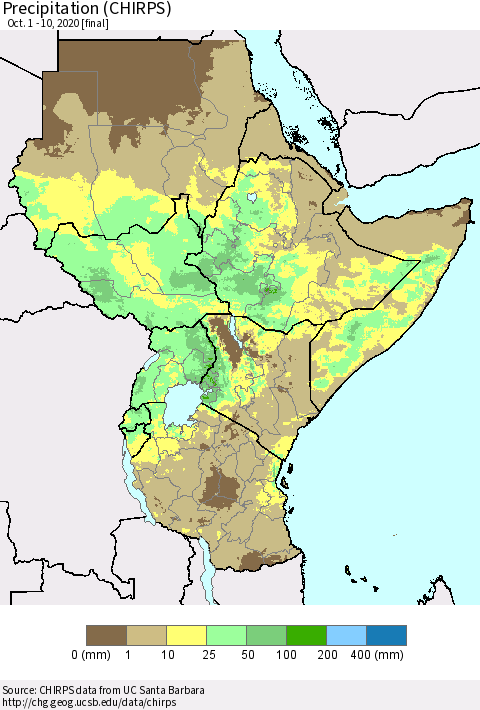 Eastern Africa Precipitation (CHIRPS) Thematic Map For 10/1/2020 - 10/10/2020