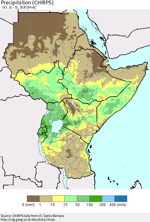 Eastern Africa Precipitation (CHIRPS) Thematic Map For 10/21/2020 - 10/31/2020