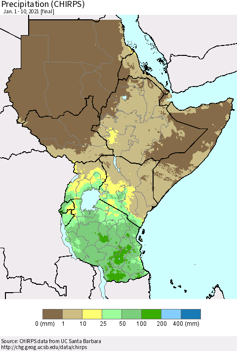 Eastern Africa Precipitation (CHIRPS) Thematic Map For 1/1/2021 - 1/10/2021