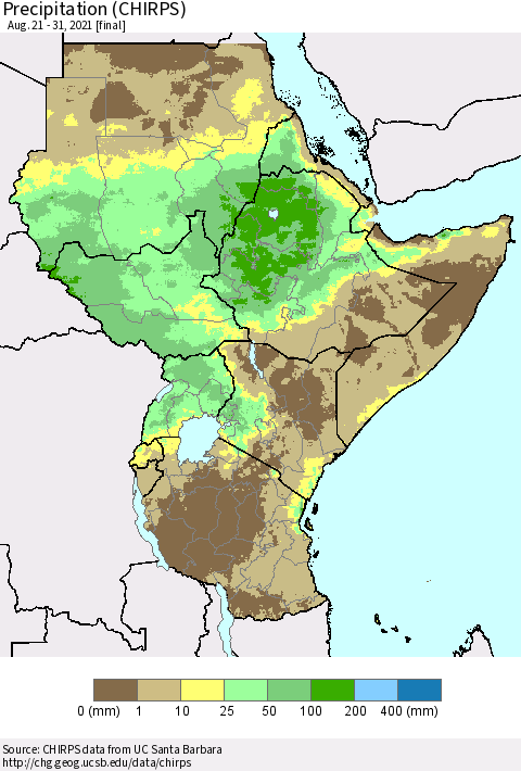 Eastern Africa Precipitation (CHIRPS) Thematic Map For 8/21/2021 - 8/31/2021