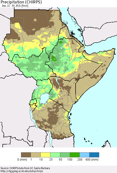 Eastern Africa Precipitation (CHIRPS) Thematic Map For 9/21/2021 - 9/30/2021