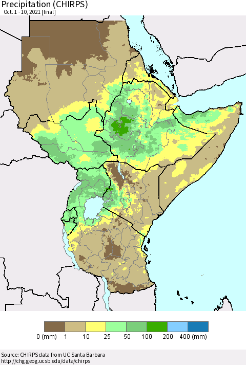 Eastern Africa Precipitation (CHIRPS) Thematic Map For 10/1/2021 - 10/10/2021