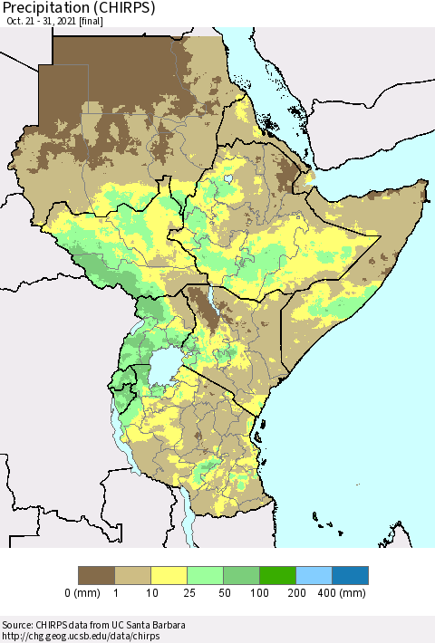 Eastern Africa Precipitation (CHIRPS) Thematic Map For 10/21/2021 - 10/31/2021