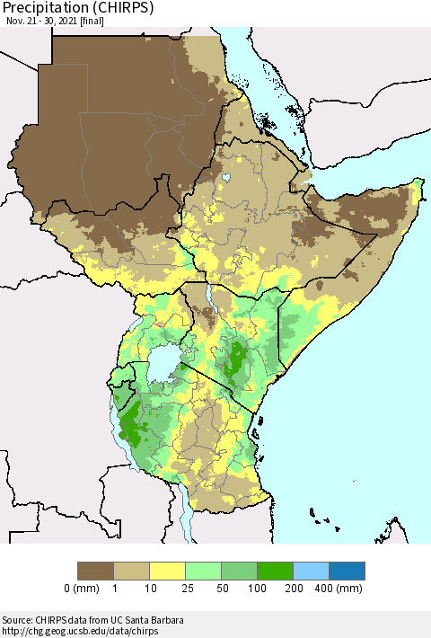 Eastern Africa Precipitation (CHIRPS) Thematic Map For 11/21/2021 - 11/30/2021