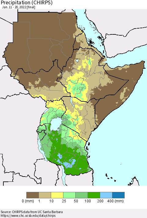 Eastern Africa Precipitation (CHIRPS) Thematic Map For 1/11/2022 - 1/20/2022
