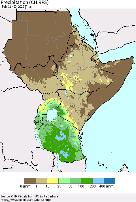 Eastern Africa Precipitation (CHIRPS) Thematic Map For 2/11/2022 - 2/20/2022