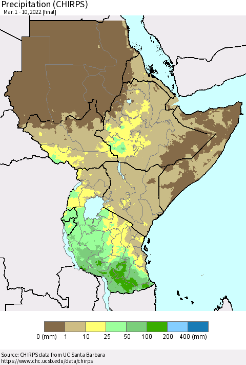 Eastern Africa Precipitation (CHIRPS) Thematic Map For 3/1/2022 - 3/10/2022