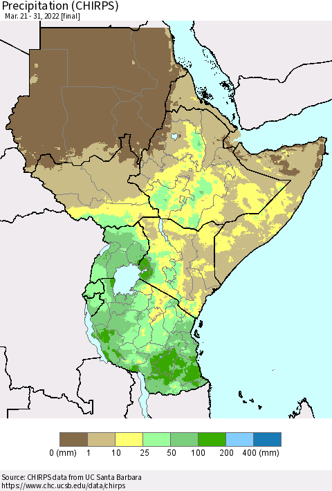 Eastern Africa Precipitation (CHIRPS) Thematic Map For 3/21/2022 - 3/31/2022