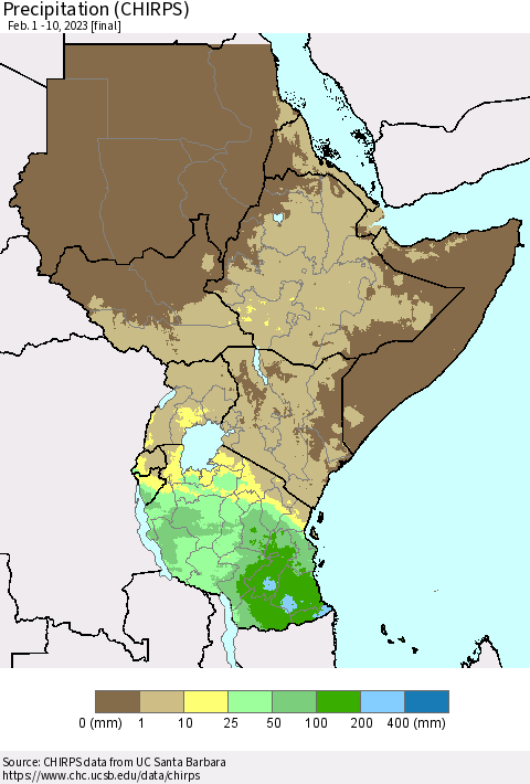 Eastern Africa Precipitation (CHIRPS) Thematic Map For 2/1/2023 - 2/10/2023