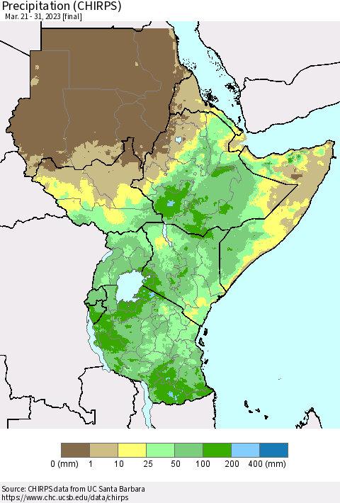 Eastern Africa Precipitation (CHIRPS) Thematic Map For 3/21/2023 - 3/31/2023