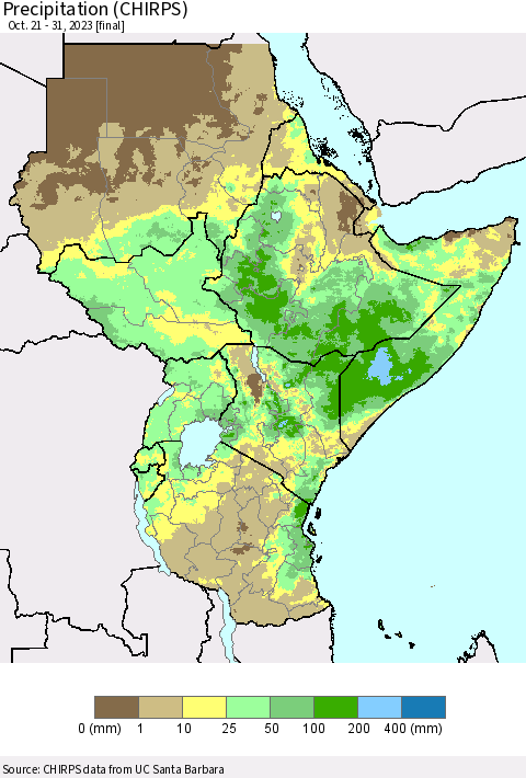Eastern Africa Precipitation (CHIRPS) Thematic Map For 10/21/2023 - 10/31/2023