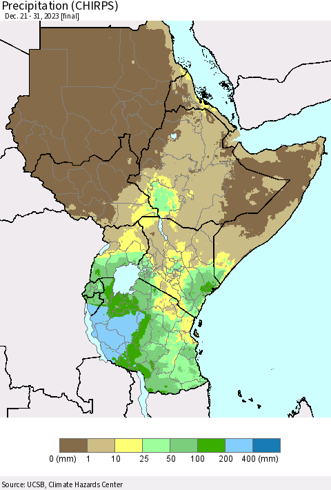 Eastern Africa Precipitation (CHIRPS) Thematic Map For 12/21/2023 - 12/31/2023