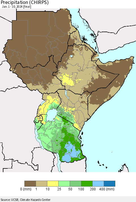 Eastern Africa Precipitation (CHIRPS) Thematic Map For 1/1/2024 - 1/10/2024