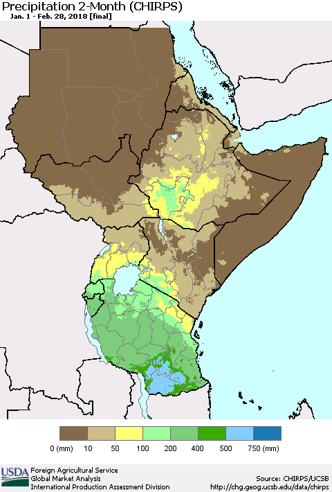Eastern Africa Precipitation 2-Month (CHIRPS) Thematic Map For 1/1/2018 - 2/28/2018