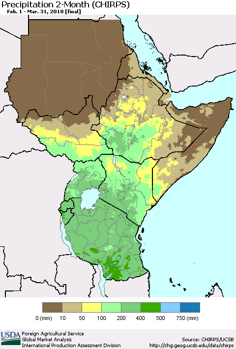 Eastern Africa Precipitation 2-Month (CHIRPS) Thematic Map For 2/1/2018 - 3/31/2018