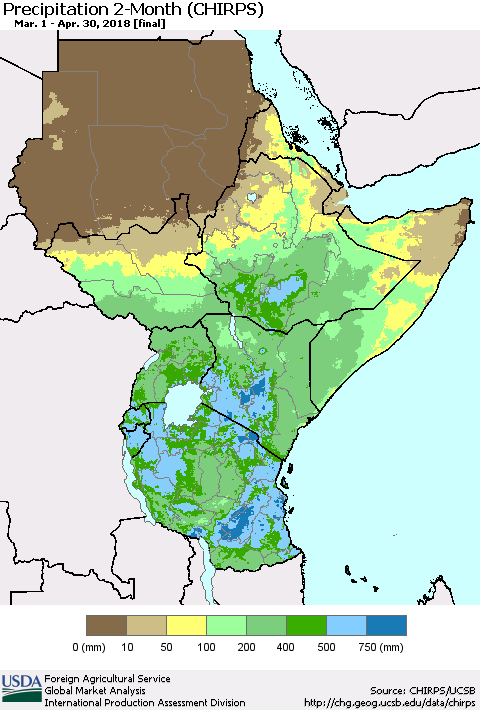 Eastern Africa Precipitation 2-Month (CHIRPS) Thematic Map For 3/1/2018 - 4/30/2018