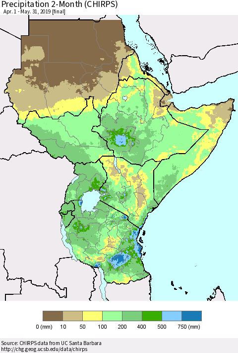 Eastern Africa Precipitation 2-Month (CHIRPS) Thematic Map For 4/1/2019 - 5/31/2019