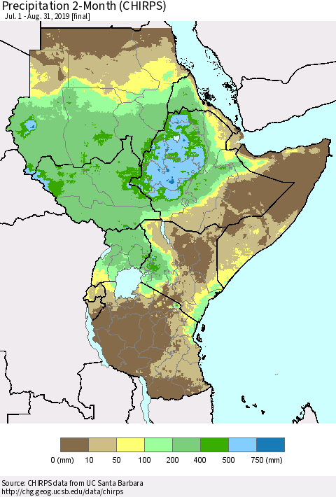Eastern Africa Precipitation 2-Month (CHIRPS) Thematic Map For 7/1/2019 - 8/31/2019