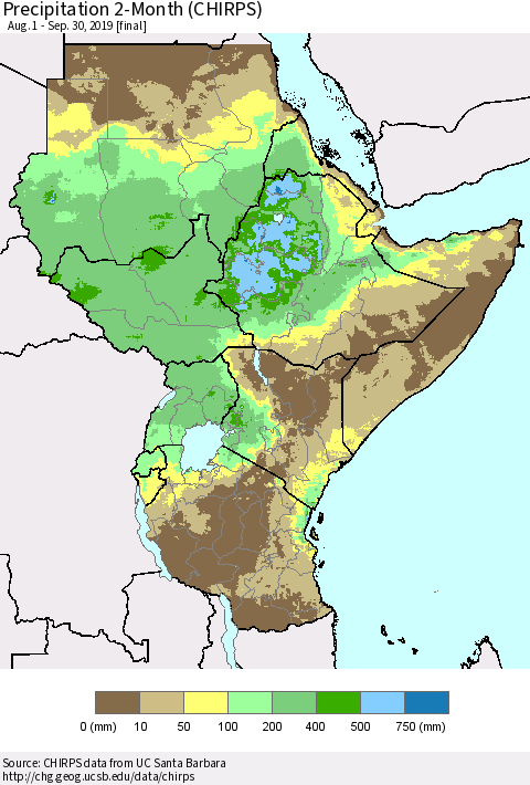 Eastern Africa Precipitation 2-Month (CHIRPS) Thematic Map For 8/1/2019 - 9/30/2019