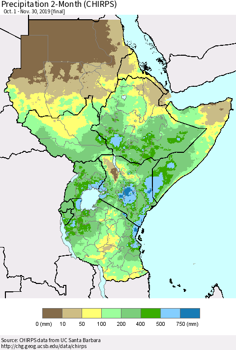 Eastern Africa Precipitation 2-Month (CHIRPS) Thematic Map For 10/1/2019 - 11/30/2019