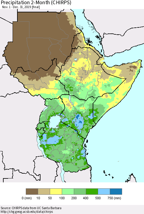 Eastern Africa Precipitation 2-Month (CHIRPS) Thematic Map For 11/1/2019 - 12/31/2019