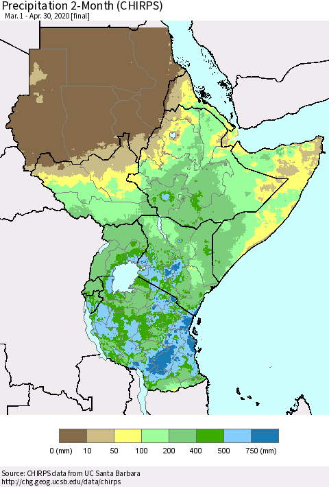 Eastern Africa Precipitation 2-Month (CHIRPS) Thematic Map For 3/1/2020 - 4/30/2020