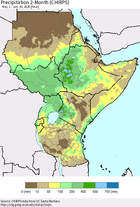 Eastern Africa Precipitation 2-Month (CHIRPS) Thematic Map For 5/1/2020 - 6/30/2020
