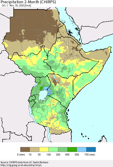 Eastern Africa Precipitation 2-Month (CHIRPS) Thematic Map For 10/1/2020 - 11/30/2020