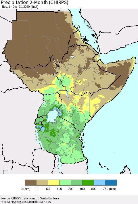 Eastern Africa Precipitation 2-Month (CHIRPS) Thematic Map For 11/1/2020 - 12/31/2020