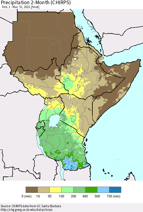 Eastern Africa Precipitation 2-Month (CHIRPS) Thematic Map For 2/1/2021 - 3/31/2021