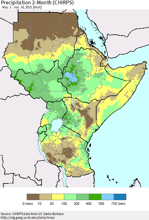 Eastern Africa Precipitation 2-Month (CHIRPS) Thematic Map For 5/1/2021 - 6/30/2021