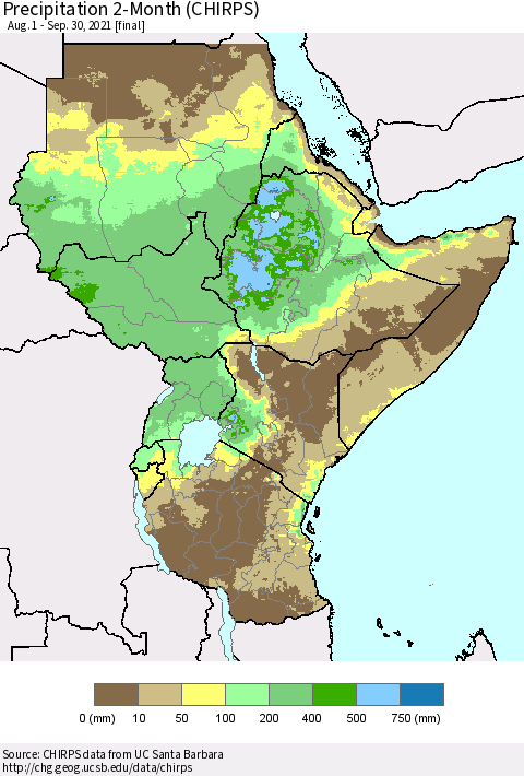 Eastern Africa Precipitation 2-Month (CHIRPS) Thematic Map For 8/1/2021 - 9/30/2021