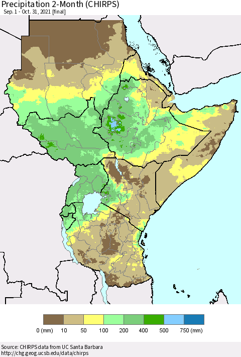 Eastern Africa Precipitation 2-Month (CHIRPS) Thematic Map For 9/1/2021 - 10/31/2021