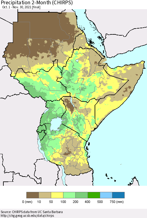 Eastern Africa Precipitation 2-Month (CHIRPS) Thematic Map For 10/1/2021 - 11/30/2021