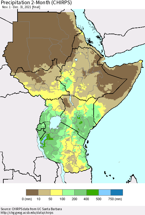 Eastern Africa Precipitation 2-Month (CHIRPS) Thematic Map For 11/1/2021 - 12/31/2021
