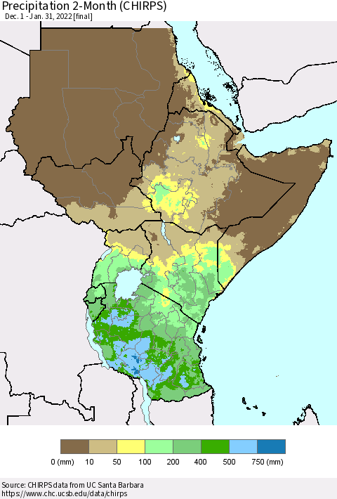 Eastern Africa Precipitation 2-Month (CHIRPS) Thematic Map For 12/1/2021 - 1/31/2022