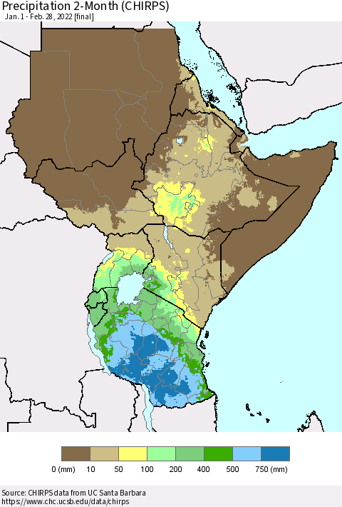 Eastern Africa Precipitation 2-Month (CHIRPS) Thematic Map For 1/1/2022 - 2/28/2022