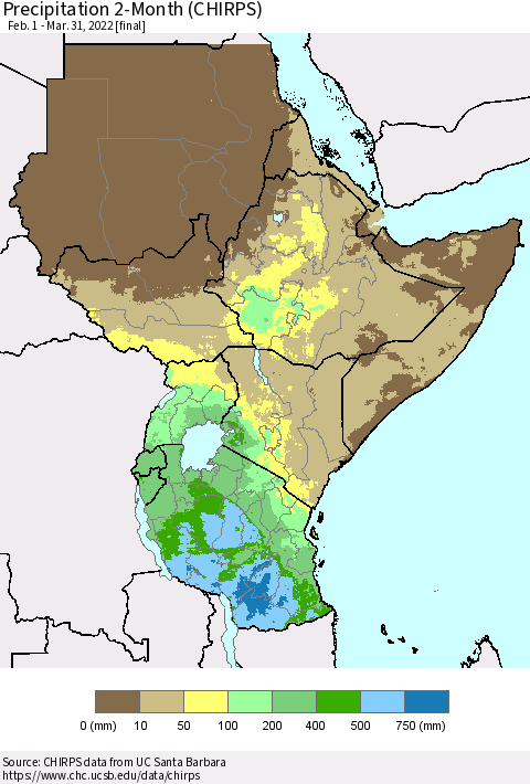 Eastern Africa Precipitation 2-Month (CHIRPS) Thematic Map For 2/1/2022 - 3/31/2022
